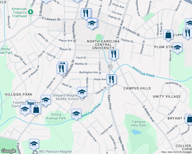 map of restaurants, bars, coffee shops, grocery stores, and more near 617 Hope Avenue in Durham