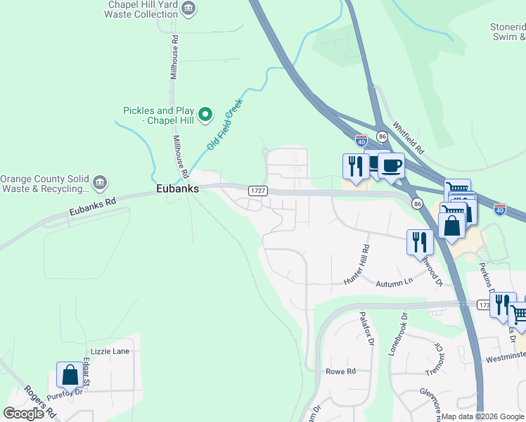 map of restaurants, bars, coffee shops, grocery stores, and more near 100 Kousa Trail in Chapel Hill