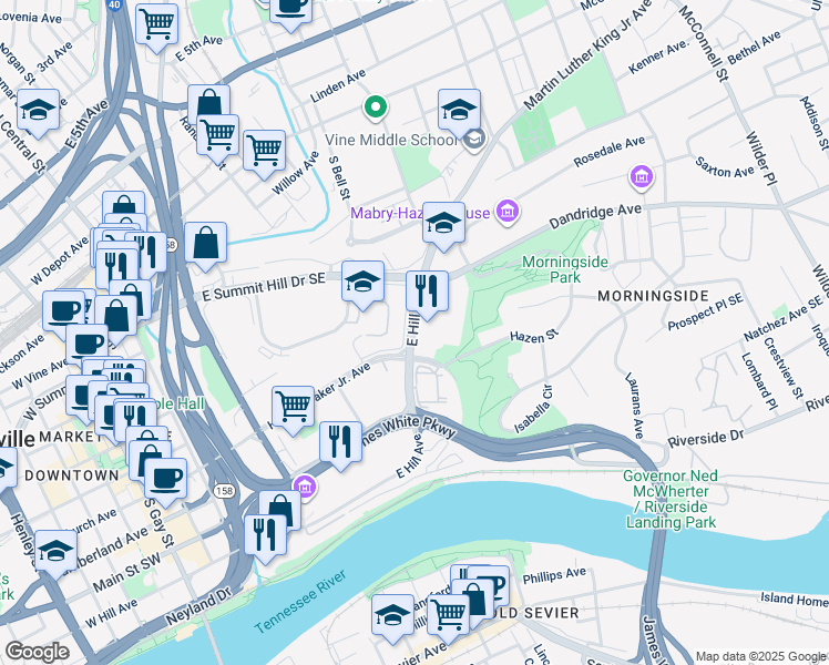 map of restaurants, bars, coffee shops, grocery stores, and more near 900 East Hill Avenue in Knoxville