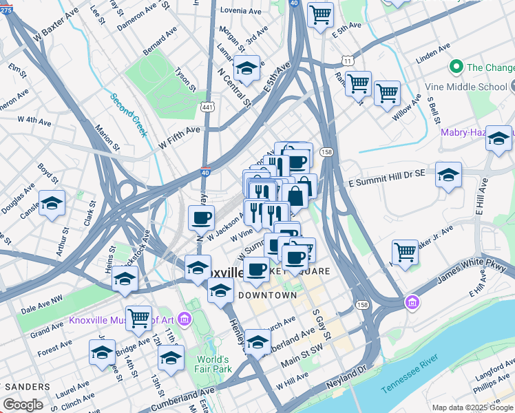 map of restaurants, bars, coffee shops, grocery stores, and more near 119 South Gay Street in Knoxville