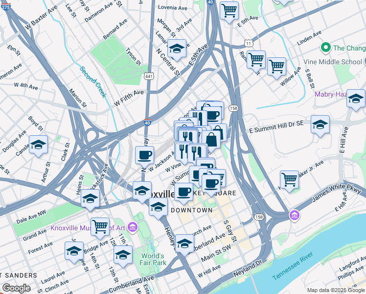 map of restaurants, bars, coffee shops, grocery stores, and more near 119 South Gay Street in Knoxville
