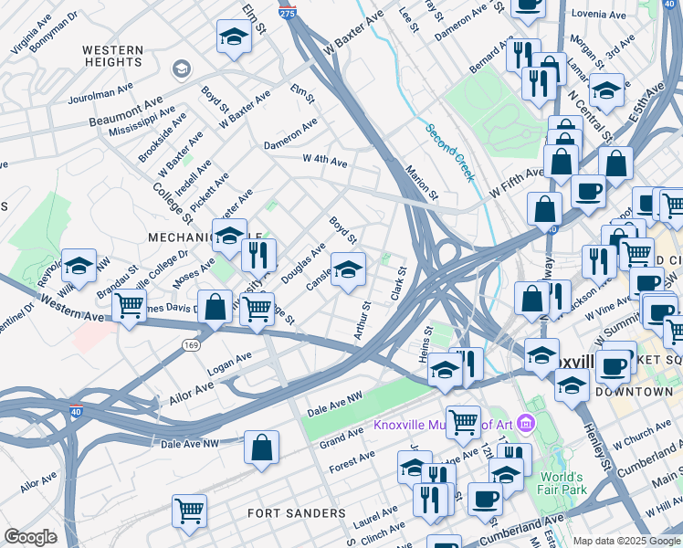 map of restaurants, bars, coffee shops, grocery stores, and more near 315 Deaderick Avenue in Knoxville