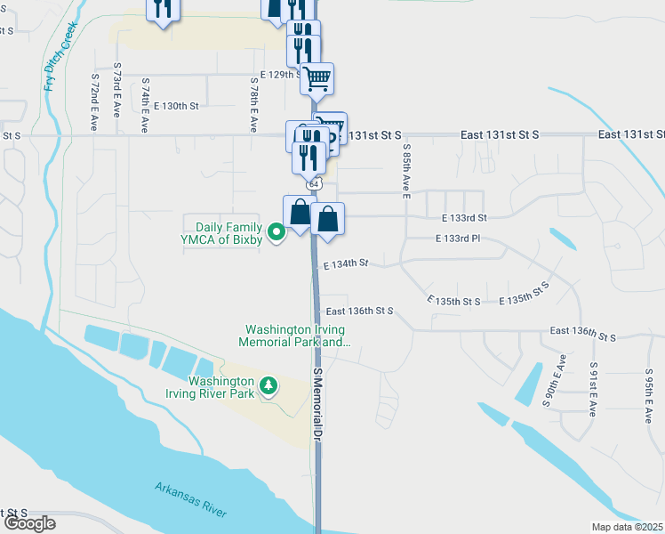 map of restaurants, bars, coffee shops, grocery stores, and more near 13475 South Memorial Drive in Bixby
