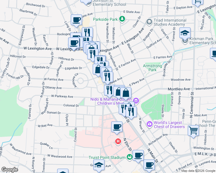 map of restaurants, bars, coffee shops, grocery stores, and more near 1010 North Main Street in High Point