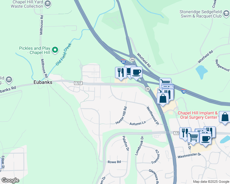 map of restaurants, bars, coffee shops, grocery stores, and more near 208 Northwood Drive in Chapel Hill