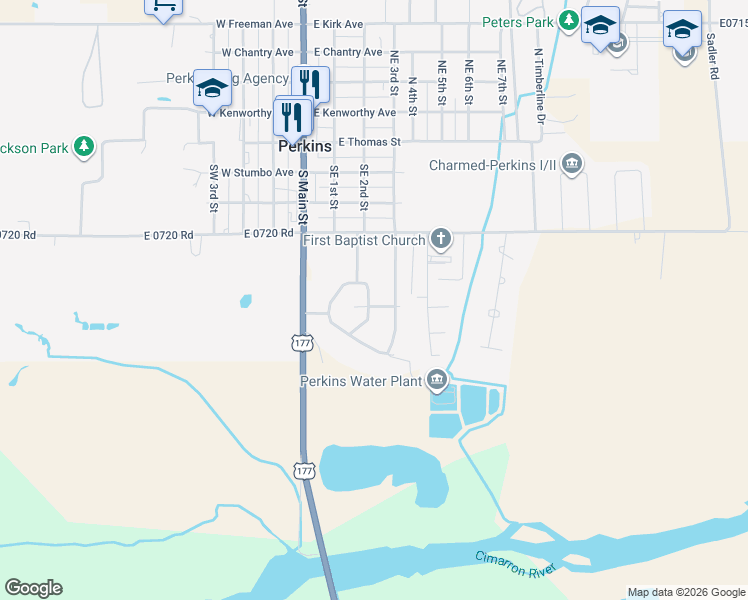 map of restaurants, bars, coffee shops, grocery stores, and more near 416 Southeast 2nd Street in Perkins