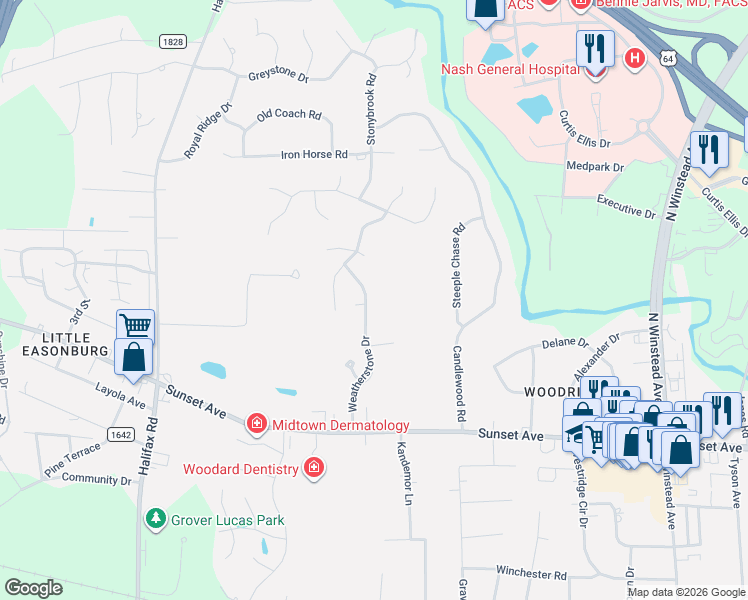 map of restaurants, bars, coffee shops, grocery stores, and more near 3425 Weatherstone Drive in Rocky Mount