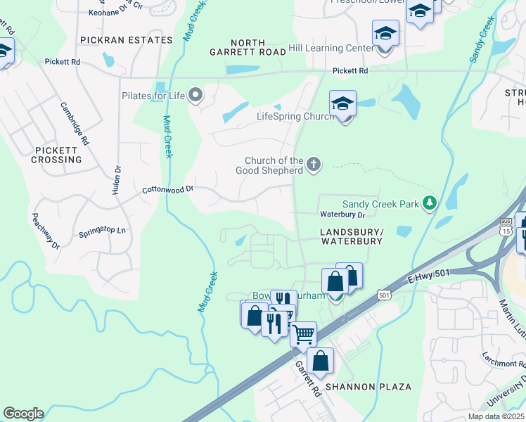 map of restaurants, bars, coffee shops, grocery stores, and more near 3909 Collander Drive in Durham