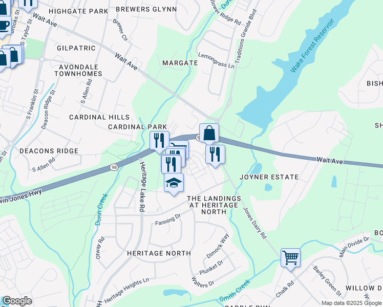 map of restaurants, bars, coffee shops, grocery stores, and more near 939 Gateway Commons Circle in Wake Forest