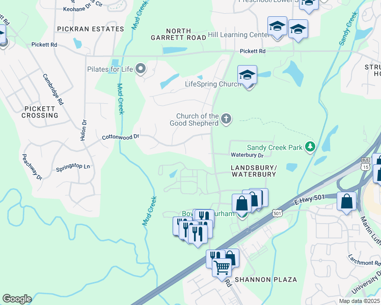 map of restaurants, bars, coffee shops, grocery stores, and more near 3909 Collander Drive in Durham