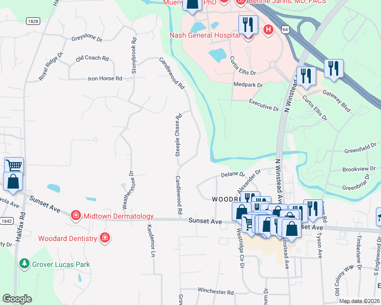 map of restaurants, bars, coffee shops, grocery stores, and more near 132 Candlewood Road in Rocky Mount