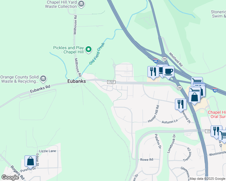 map of restaurants, bars, coffee shops, grocery stores, and more near 100 Kousa Trail in Chapel Hill