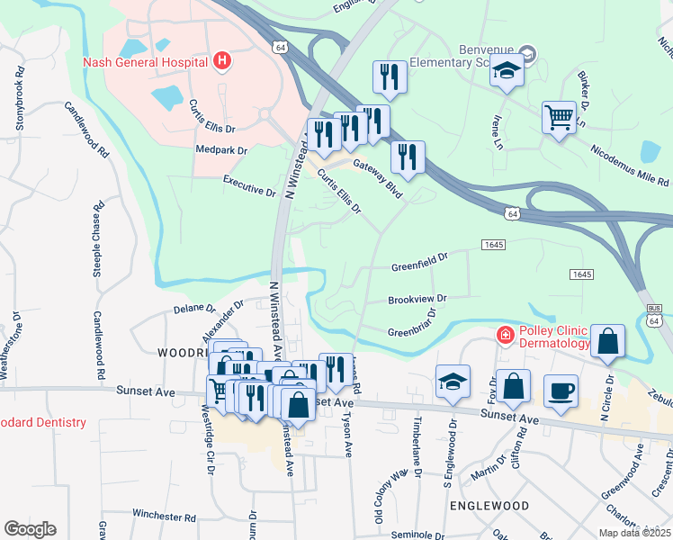map of restaurants, bars, coffee shops, grocery stores, and more near 65 Mockingbird Lane in Rocky Mount