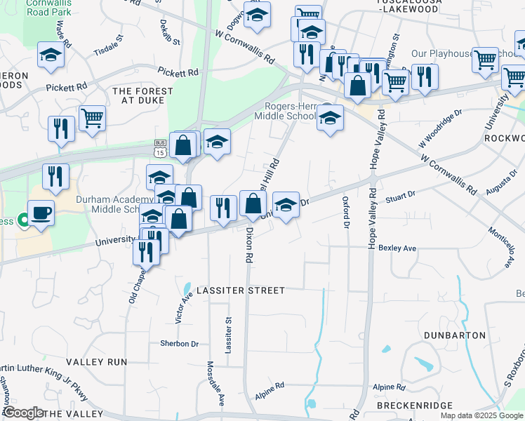 map of restaurants, bars, coffee shops, grocery stores, and more near 3034 University Drive in Durham