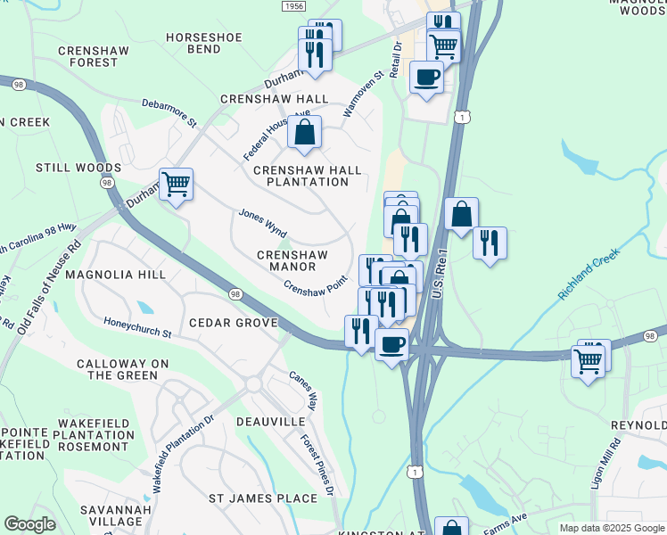 map of restaurants, bars, coffee shops, grocery stores, and more near 1422 Crenshaw Point in Wake Forest