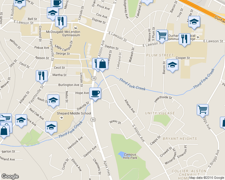 map of restaurants, bars, coffee shops, grocery stores, and more near 1707 South Alston Avenue in Durham