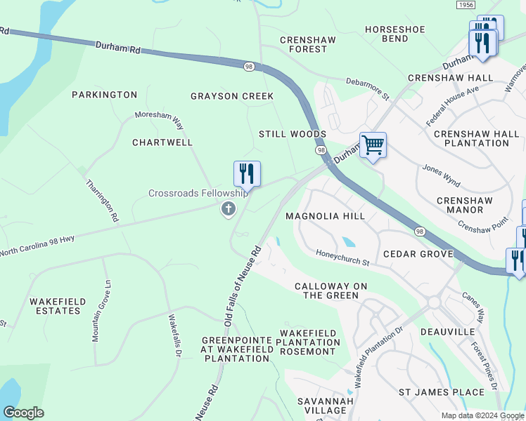 map of restaurants, bars, coffee shops, grocery stores, and more near 2520 Spring Oaks Way in Raleigh