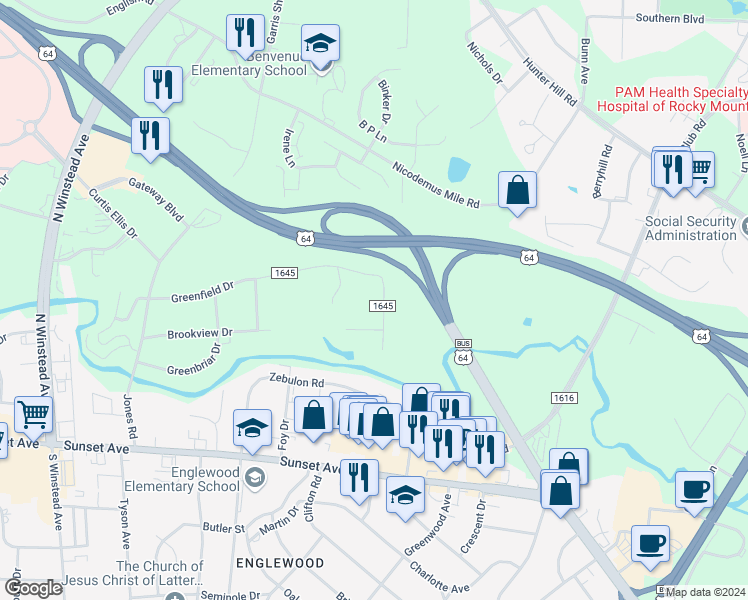 map of restaurants, bars, coffee shops, grocery stores, and more near 314 Mansill Drive in Rocky Mount