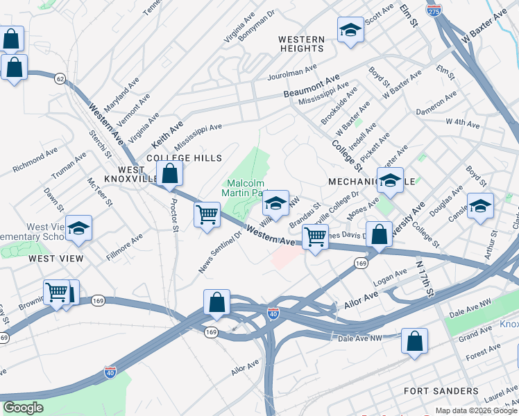 map of restaurants, bars, coffee shops, grocery stores, and more near 1800 Reynolds Street in Knoxville