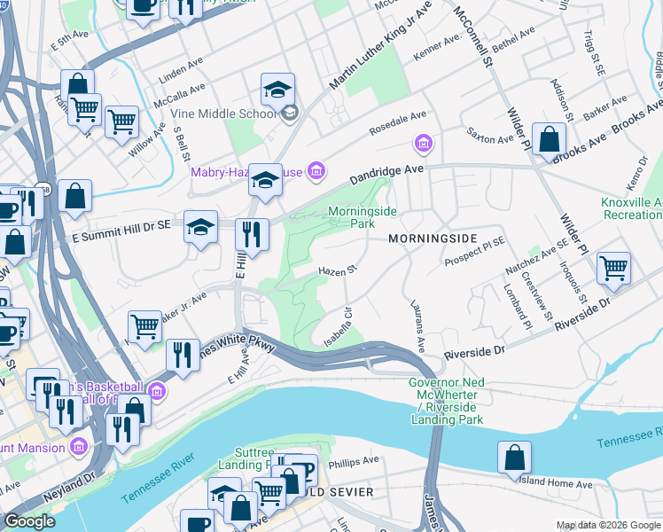map of restaurants, bars, coffee shops, grocery stores, and more near 1613 Hazen Street in Knoxville