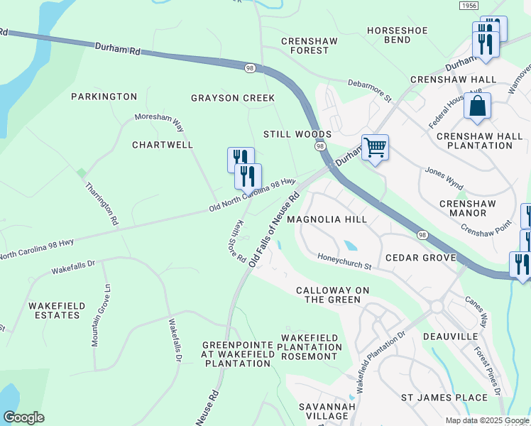 map of restaurants, bars, coffee shops, grocery stores, and more near 2510 Spring Oaks Way in Raleigh