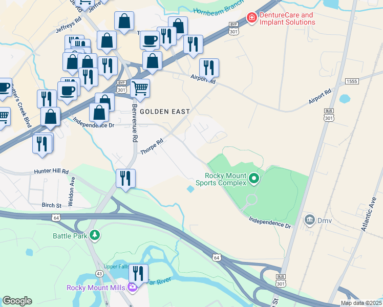map of restaurants, bars, coffee shops, grocery stores, and more near Independence Drive in Rocky Mount