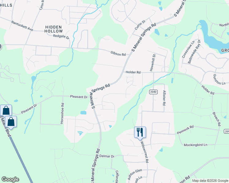 map of restaurants, bars, coffee shops, grocery stores, and more near 821 South Mineral Springs Road in Durham