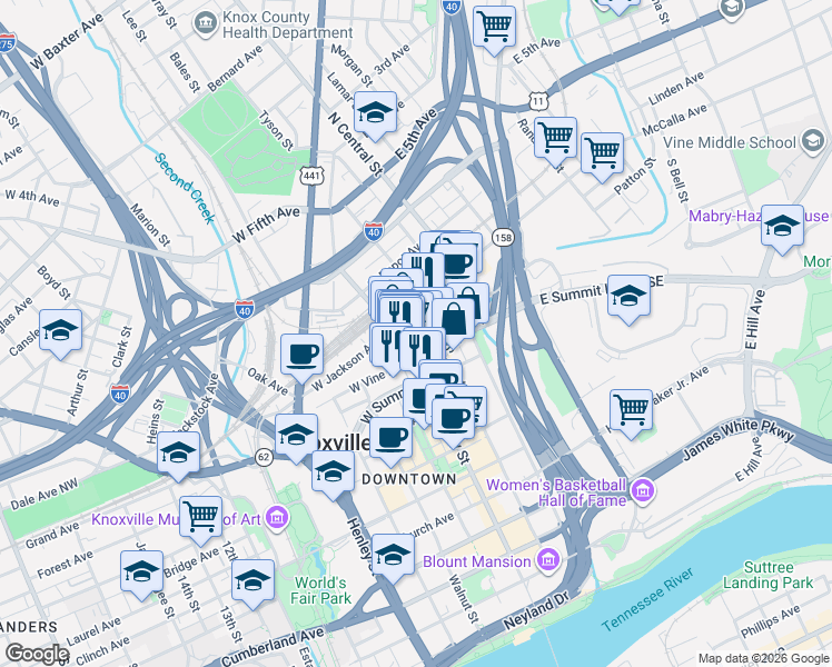 map of restaurants, bars, coffee shops, grocery stores, and more near 116 South Gay Street in Knoxville
