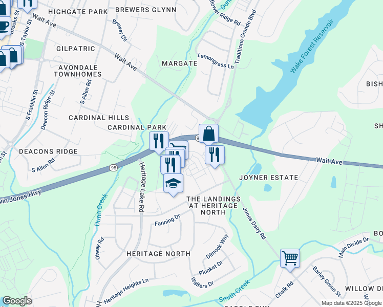 map of restaurants, bars, coffee shops, grocery stores, and more near Townes Park Street in Wake Forest