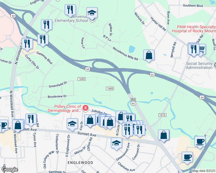 map of restaurants, bars, coffee shops, grocery stores, and more near 314 Mansill Drive in Rocky Mount