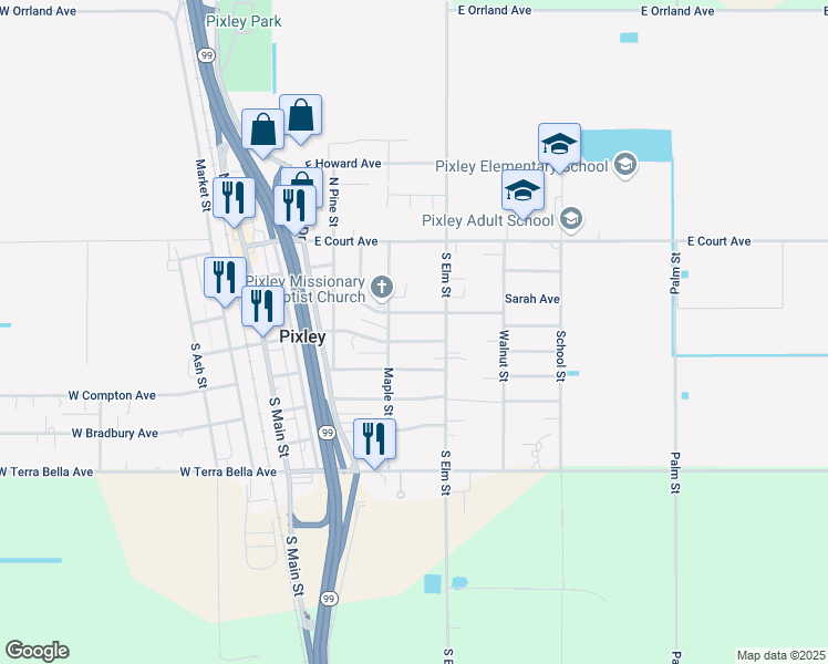 map of restaurants, bars, coffee shops, grocery stores, and more near 900 E Davis St in Pixley
