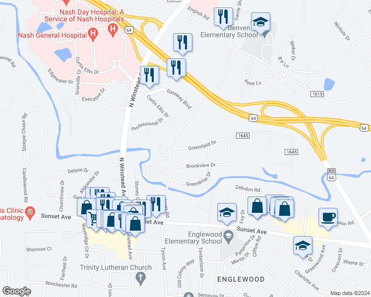 map of restaurants, bars, coffee shops, grocery stores, and more near 3433 Greenfield Drive in Rocky Mount
