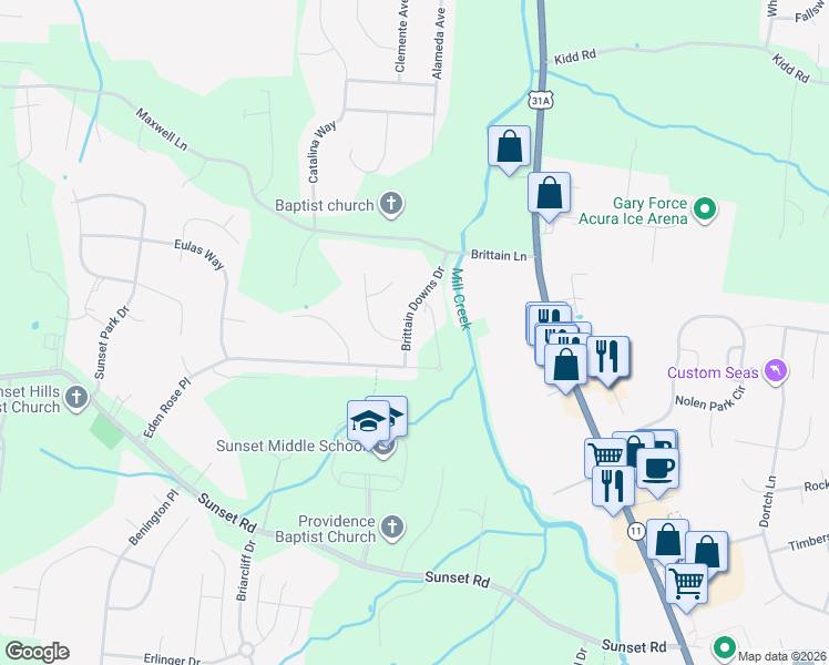 map of restaurants, bars, coffee shops, grocery stores, and more near 1032 Brittain Downs Drive in Nolensville