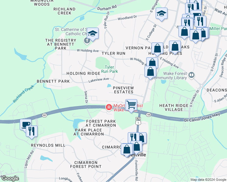 map of restaurants, bars, coffee shops, grocery stores, and more near 212 Pine Ridge Court in Wake Forest