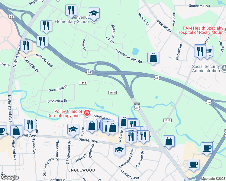 map of restaurants, bars, coffee shops, grocery stores, and more near Mansill Drive in Rocky Mount