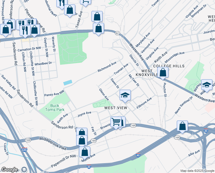 map of restaurants, bars, coffee shops, grocery stores, and more near 2627 Larkwood Lane in Knoxville