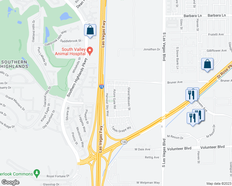 map of restaurants, bars, coffee shops, grocery stores, and more near 12167 Indigo Falls Road in Las Vegas