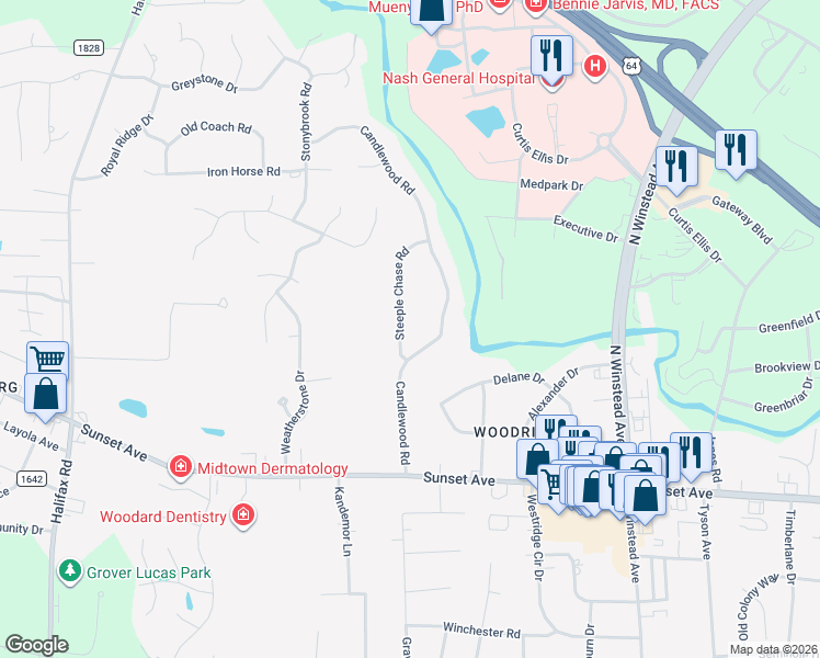 map of restaurants, bars, coffee shops, grocery stores, and more near 132 Candlewood Rd in Rocky Mt