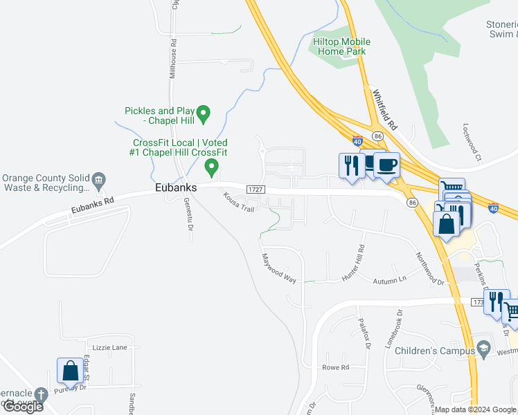 map of restaurants, bars, coffee shops, grocery stores, and more near 100 Kousa Trail in Chapel Hill