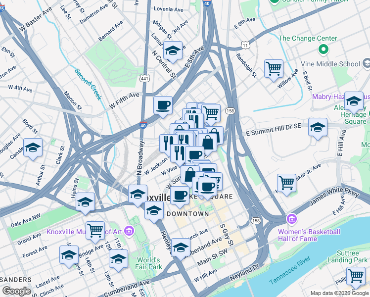 map of restaurants, bars, coffee shops, grocery stores, and more near 119 South Gay Street in Knoxville
