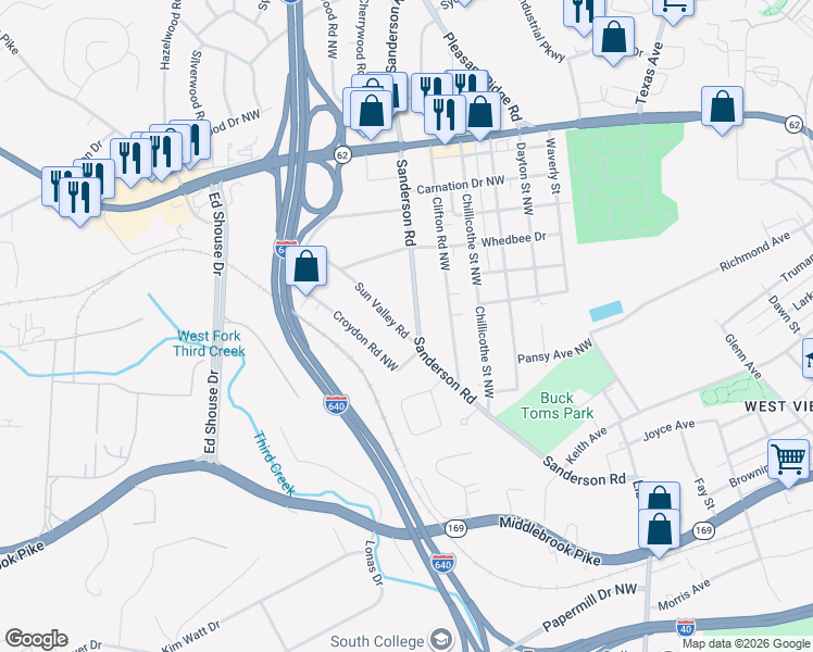 map of restaurants, bars, coffee shops, grocery stores, and more near 2204 Sanderson Road in Knoxville