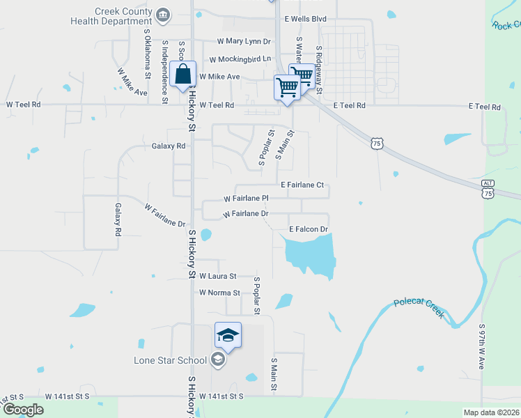 map of restaurants, bars, coffee shops, grocery stores, and more near 41 West Fairlane Drive in Sapulpa