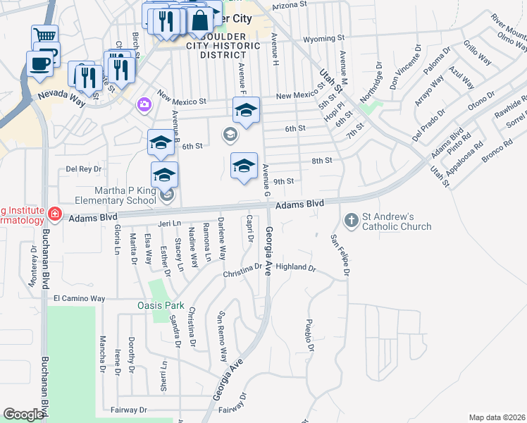 map of restaurants, bars, coffee shops, grocery stores, and more near 1303 Capri Drive in Boulder City