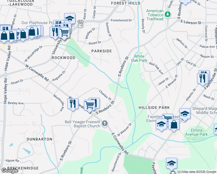 map of restaurants, bars, coffee shops, grocery stores, and more near 2412 South Roxboro Street in Durham