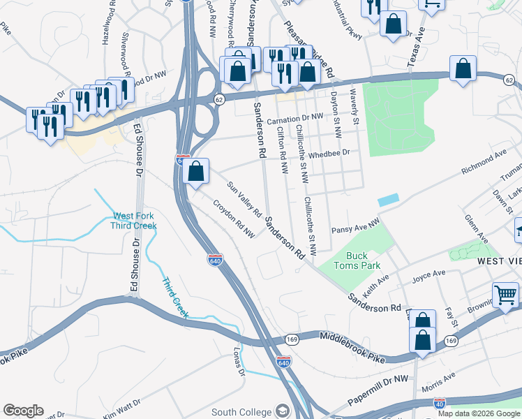 map of restaurants, bars, coffee shops, grocery stores, and more near 2204 Sanderson Road in Knoxville