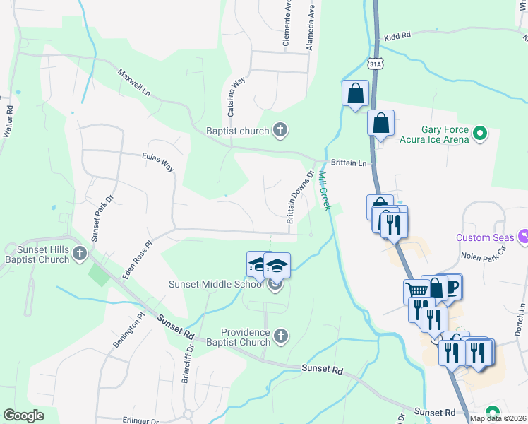 map of restaurants, bars, coffee shops, grocery stores, and more near 1217 Plumeria Place in Nolensville