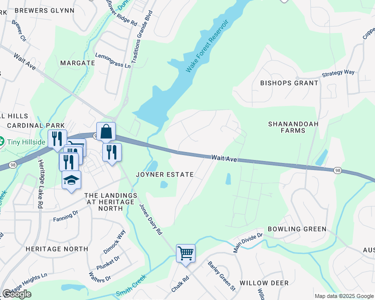 map of restaurants, bars, coffee shops, grocery stores, and more near 1301 Wait Avenue in Wake Forest