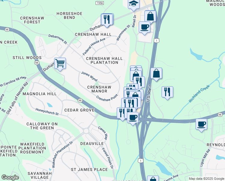 map of restaurants, bars, coffee shops, grocery stores, and more near 1422 Crenshaw Point in Wake Forest