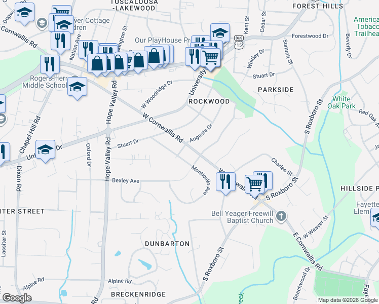 map of restaurants, bars, coffee shops, grocery stores, and more near 305 West Cornwallis Road in Durham
