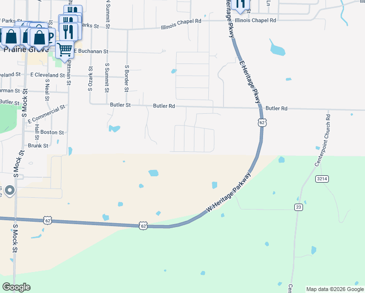 map of restaurants, bars, coffee shops, grocery stores, and more near 580 Riggs Street in Prairie Grove